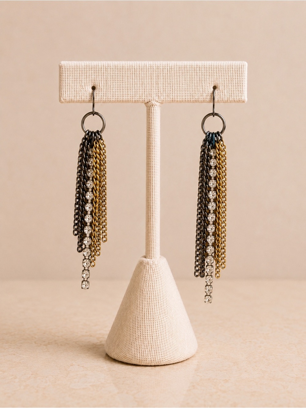 Mixed Metal Chain Tassel Dangle Earrings Black Gold Silver Rhinestone Statement
